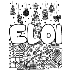 Coloriage prénom ELOI - décor Sapin et Cadeaux