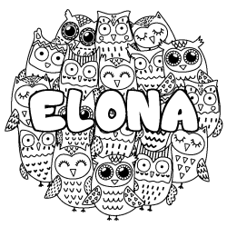 Coloriage prénom ELONA - décor Chouettes