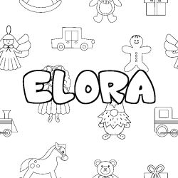 Coloriage pr&eacute;nom ELORA - d&eacute;cor Jouets