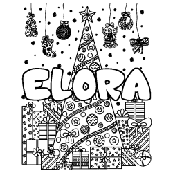 Coloriage prénom ELORA - décor Sapin et Cadeaux