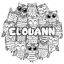 Coloriage pr&eacute;nom ELOUANN - d&eacute;cor Chouettes