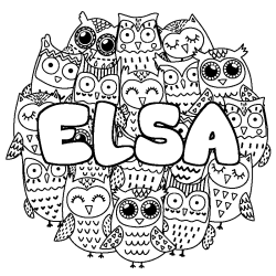 Coloriage prénom ELSA - décor Chouettes