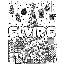 Coloriage pr&eacute;nom ELVIRE - d&eacute;cor Sapin et Cadeaux