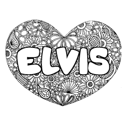 Coloriage pr&eacute;nom ELVIS - d&eacute;cor Mandala coeur