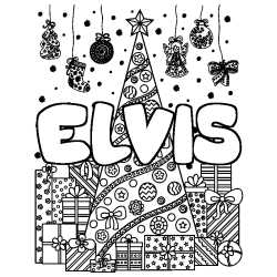 Coloriage pr&eacute;nom ELVIS - d&eacute;cor Sapin et Cadeaux
