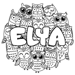 Coloriage prénom ELYA - décor Chouettes