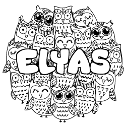 Coloriage pr&eacute;nom ELYAS - d&eacute;cor Chouettes
