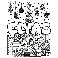 Coloriage prénom ELYAS - décor Sapin et Cadeaux