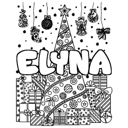 Coloriage prénom ELYNA - décor Sapin et Cadeaux