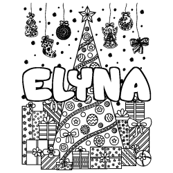 Coloriage pr&eacute;nom ELYNA - d&eacute;cor Sapin et Cadeaux