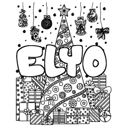 Coloriage prénom ELYO - décor Sapin et Cadeaux