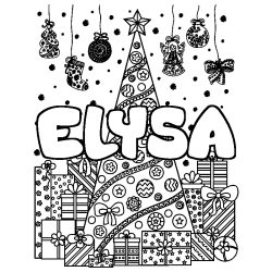 Coloriage pr&eacute;nom ELYSA - d&eacute;cor Sapin et Cadeaux