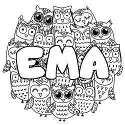 Coloriage prénom EMA - décor Chouettes