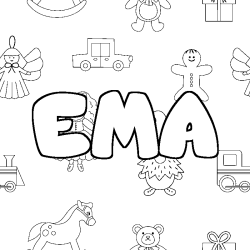 Coloriage pr&eacute;nom EMA - d&eacute;cor Jouets