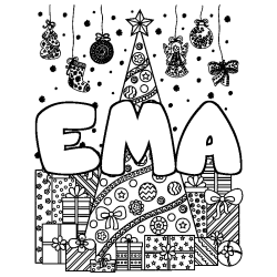 Coloriage pr&eacute;nom EMA - d&eacute;cor Sapin et Cadeaux