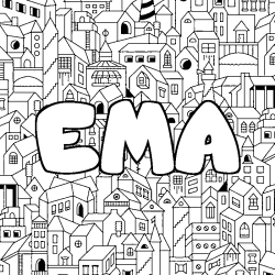 Coloriage pr&eacute;nom EMA - d&eacute;cor Ville