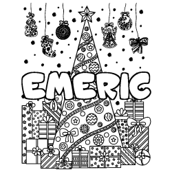 Coloriage pr&eacute;nom EMERIC - d&eacute;cor Sapin et Cadeaux