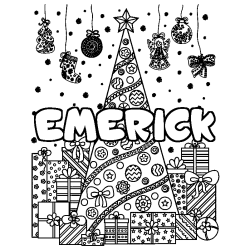 Coloriage pr&eacute;nom EMERICK - d&eacute;cor Sapin et Cadeaux