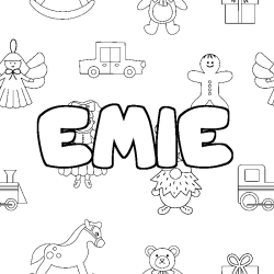 Coloriage prénom EMIE - décor Jouets