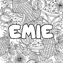Coloriage pr&eacute;nom EMIE - d&eacute;cor Mandala fruits