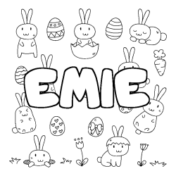 Coloriage pr&eacute;nom EMIE - d&eacute;cor Paques