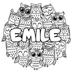 Coloriage prénom EMILE - décor Chouettes