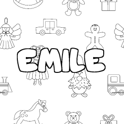 Coloriage prénom EMILE - décor Jouets