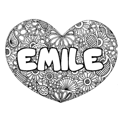 Coloriage pr&eacute;nom EMILE - d&eacute;cor Mandala coeur