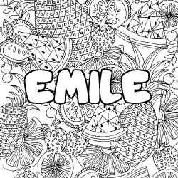 Coloriage prénom EMILE - décor Mandala fruits