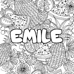 Coloriage pr&eacute;nom EMILE - d&eacute;cor Mandala fruits