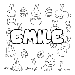 Coloriage pr&eacute;nom EMILE - d&eacute;cor Paques