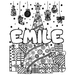 Coloriage prénom EMILE - décor Sapin et Cadeaux