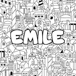 Coloriage pr&eacute;nom EMILE - d&eacute;cor Ville