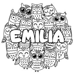 Coloriage prénom EMILIA - décor Chouettes