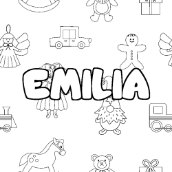 Coloriage prénom EMILIA - décor Jouets