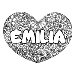 Coloriage pr&eacute;nom EMILIA - d&eacute;cor Mandala coeur