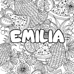 Coloriage prénom EMILIA - décor Mandala fruits