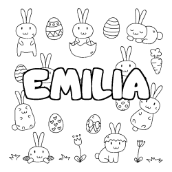 Coloriage prénom EMILIA - décor Paques