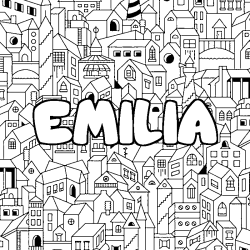 Coloriage pr&eacute;nom EMILIA - d&eacute;cor Ville