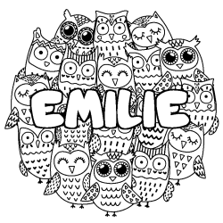 Coloriage prénom EMILIE - décor Chouettes