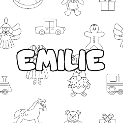Coloriage prénom EMILIE - décor Jouets