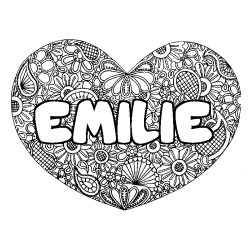 Coloriage prénom EMILIE - décor Mandala coeur