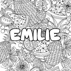 Coloriage prénom EMILIE - décor Mandala fruits