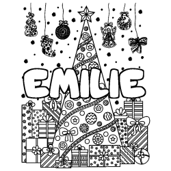 Coloriage prénom EMILIE - décor Sapin et Cadeaux