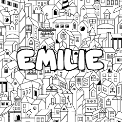 Coloriage prénom EMILIE - décor Ville