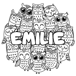 Coloriage pr&eacute;nom &Eacute;MILIE - d&eacute;cor Chouettes