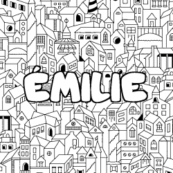 Coloriage pr&eacute;nom &Eacute;MILIE - d&eacute;cor Ville