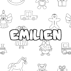 Coloriage pr&eacute;nom EMILIEN - d&eacute;cor Jouets