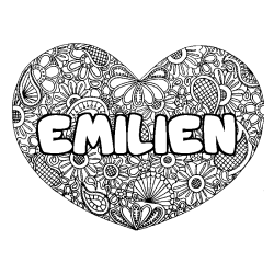 Coloriage pr&eacute;nom EMILIEN - d&eacute;cor Mandala coeur