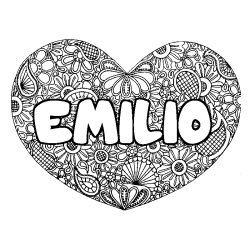 Coloriage prénom EMILIO - décor Mandala coeur